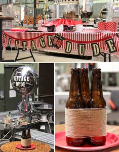 there are pictures of beer bottles on the table and in front of it is a sign that says vintage dude