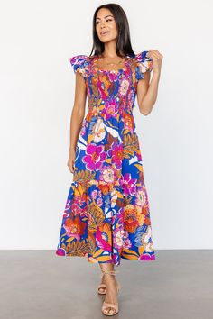 Dominique Midi Dress | Cobalt + Fuchsia Multi Blue Tropical Print Midi Dress For Summer, Blue Summer Midi Dress With Tropical Print, Vibrant Blue Maxi Dress For Vacation, Vibrant Blue Beach Dress, Tropical Blue Maxi Dress For Brunch, Vibrant Blue Midi Dress For Vacation, Blue Tropical Print Dress For Vacation, Blue Summer Midi Dress With Vibrant Print, Blue Tropical Print Vacation Dress