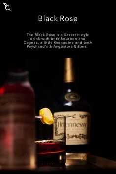 The Black Rose is a Sazerac-style drink with both Bourbon ad Cognac, a little Grenadine and both Peychaud's & Angostura Bitters. Sazerac Recipe, Cognac Cocktail, Fun Drink Recipe, Whiskey Recipes, Rose Cocktail, Fancy Cocktails, Sazerac