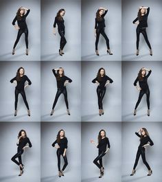 the woman is posing in all black for her photoshoots and looks like she's having fun