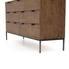 a wooden dresser with metal legs and drawers on it's sides, against a white background