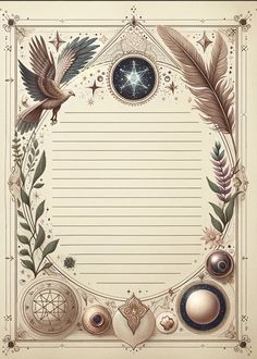 an ornate frame with feathers, stars and other items