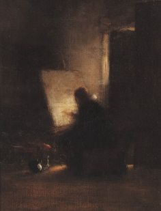 the painting is being displayed in an old style room with dark colors and light coming from it