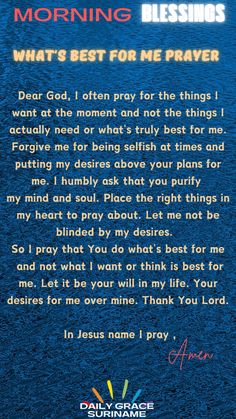 an image of a blue background with the words morning blessing and what's best for me prayer