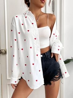 White Woven Love Drop Shoulder Valentines Shirt White Casual  Long Sleeve Woven Fabric Heart Shirt Non-Stretch  Women Clothing, size features are:Bust: ,Length: ,Sleeve Length: Outfit Chemise Blanche, Heart Shirt Outfit, 30th Ideas, Print Shirts Women, Summer Items, Drop Shoulder Shirt, Valentines Outfits, Heart Shirt, Women Midi