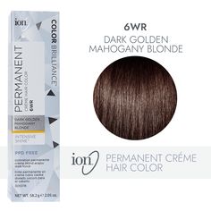 ion Color Brilliance Permanent Creme Hair Color utilizes pure ionic micro pigments for deeper, more intense color. Ion 6WR Dark Golden Mahogany Blonde Permanent Crème Hair Color | Blonde | 2.05 FL oz. | Sally Beauty Golden Copper Hair Color, Blonde Hair For Hazel Eyes, Ion Hair Colors, Brown Hair Color Chart, Ion Color Brilliance, Golden Blonde Hair, Hair Color Caramel, Brown Hair Dye, Hair Color Chart