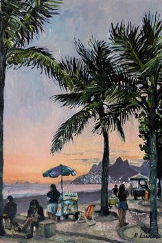 a painting of people sitting under umbrellas on the beach at sunset with palm trees