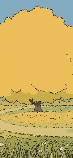 an illustration of a tree in the middle of a grassy field under a yellow sky