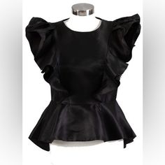 Nwt! Perfect Condition Chic Peplum Blouse For Evening, Chic Evening Tops With Ruffles, Chic Ruffled Tops For Evening, Spring Evening Tops With Ruffle Sleeves, Peplum Top With Ruffles For Workwear, Ruffled Peplum Top For Workwear, Ruffled Peplum Tops For Work, Spring Evening Blouse With Ruffle Sleeves, Black Ruffled Tops For Formal Occasions