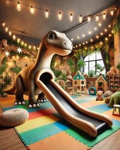 a child's playroom with an inflatable dinosaur slide