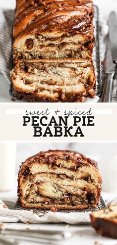 sliced pecanpie babka on a plate with fork and napkin in the background