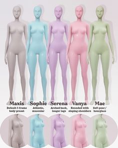 six different colored female mannequins are shown in this graphic representation, each with their own body shape