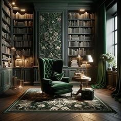 a green chair sitting in front of a book shelf filled with books