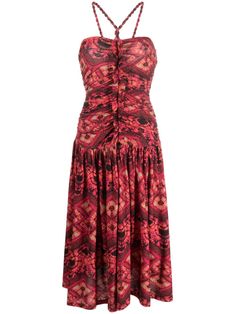 dark pink multicolour cotton A-line batik-style pattern ruched, ruffled detailing and gathered detailing halterneck concealed side zip fastening sleeveless mid-length Midi Dress Pink, Cotton Midi Dress, Pink Midi Dress, Vestido Casual, Ulla Johnson, Dark Pink, Mid Length, Day Dresses, Side Zip