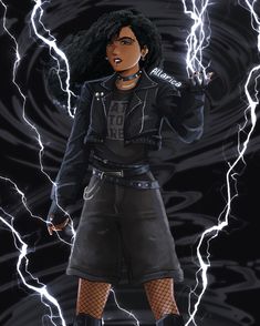 a drawing of a woman with lightning in the background