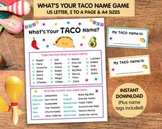 what's your taco name game with free printables on the table