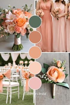 the bridesmaid's bouquets are peach and green, with pink roses in them