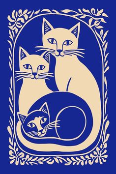 two cats sitting next to each other on a blue and beige background with an ornate frame