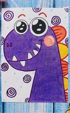 a child's drawing of a purple dinosaur with big eyes and an orange nose