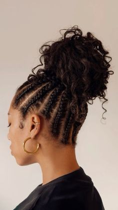 Afro bun hairstyle ideas | Hairstyle tutorial ideas Afro Hair Goals, Cornrow Updo On Natural Hair, Natural Hair Ponytail, Cornrow Ponytail, Quick Natural Hair Styles