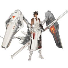 an anime character holding two large blades and standing in front of a white background with red accents