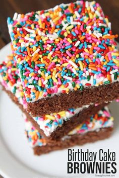 birthday cake brownies with sprinkles on a plate