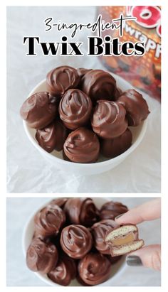 there is a bowl full of chocolates with the words sweet treats on top and bottom