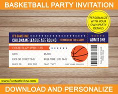 a basketball party ticket with an orange and blue stripe on the front, it's time to play