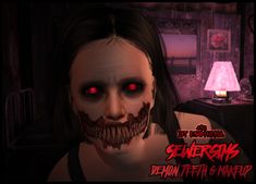 an animated image of a creepy woman with red eyes and blood on her face, standing in front of a lamp