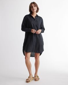 An easy, timeless classic. This shirt dress should be a staple in any wardrobe. Made from 100% European linen and designed to be versatile, with elegant buttons down the front, and two pockets at the waist.  | Quince | Women's 100% European Linen Shirt Dress in Black, Size Small, Organic Linen Quince Linen, Dress Work Outfit, Shirt Dress Summer, Dress Work, Linen Tank, Linen Shirt Dress, Minimalist Dresses, European Linens, Quince Dresses