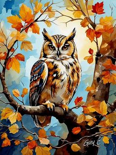 an owl sitting on top of a tree branch with autumn leaves in the foreground