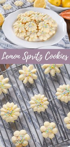 lemon sprits cookies on a cooling rack and in the background are lemons with sprinkles