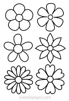 four different flower shapes to color and cut out for children's art projects, including flowers