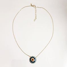 Introducing our stunning Cable Chain with a Hand-Painted 19mm Evil Eye Turkish Pendant in a Decorative Prong Setting. This gold Evil Eye Necklace is the perfect addition to any jewelry collection, with its unique design and intricate detailing. Crafted with care, this necklace features an 18+2 inch chain and a hand-painted Turkish pendant measuring 19mm in size. The evil eye symbol is said to ward off negative energy and bring good luck, making this necklace both beautiful and meaningful. Our Ca Gold Evil Eye Symbolic Necklace, Yellow Gold Enamel Medallion Necklace, Gold Evil Eye Amulet Jewelry, Gold-tone Amulet Necklace With Round Pendant, Gold Plated Round Amulet Charm Necklace, Gold Plated Amulet Charm Necklace With Adjustable Chain, Amulet Style Gold Plated Charm Necklace With Adjustable Chain, Gold Round Chain Charm Necklaces, Metal Charm Necklaces With Gold Chain