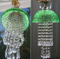 two chandeliers with green glass hanging from them