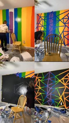 two pictures of the same room with different chairs and paintings on the walls, one is being painted