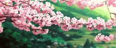 a painting of pink flowers on a tree branch