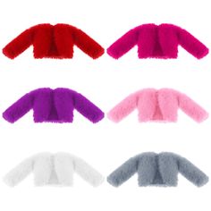 six different colors of fur coats on white and black, red, pink, purple, green