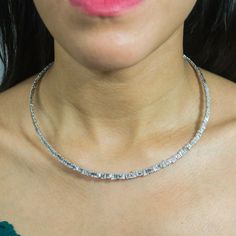 14K gold with 3.95-carat diamond baguette cut choker necklace. Model Number: SDL37215351WY Necklace Model, Diamond Choker Necklace, Diamond Baguette, Studded Necklace, Diamond Choker, Eternity Band Ring, Baguette Cut Diamond, Deco Jewelry, Baguette Cut