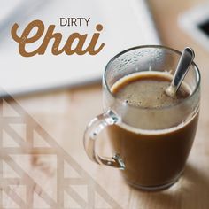 there is a cup of coffee with a spoon in it and the words dirty crai on top