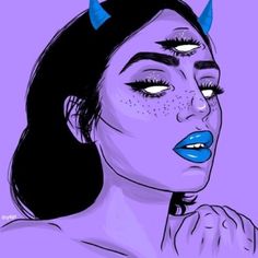 a drawing of a woman with horns on her head and blue lipstick in front of her face