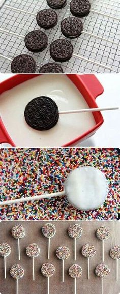 an oreo cookie being dipped with white chocolate and sprinkles