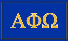 the greek letter qa on a blue background with yellow letters and an orange border