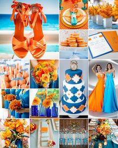 orange and blue wedding color palettes for the bride's dress, shoes, bouquet