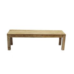 a wooden bench sitting on top of a white floor