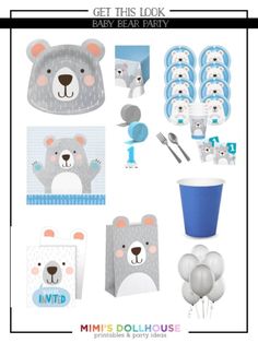 baby bear party supplies including plates, cups and napkins