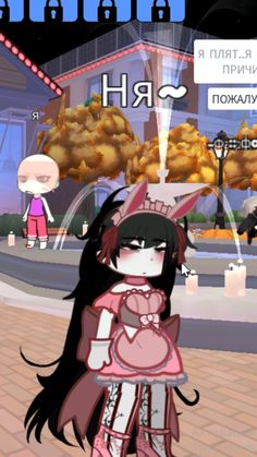 an animated girl standing in the middle of a street with food on display behind her