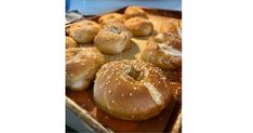 baked goods displayed on trays in display case