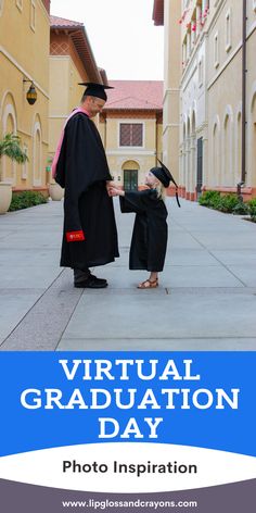 a man and woman in graduation gowns holding hands with the words virtual graduation day