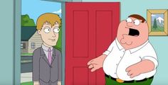 an animated image of a man standing in front of a door with his mouth open